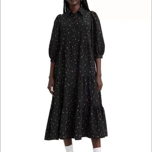 Levi's Black and White Tiered Midi Dress with Puff Sleeves